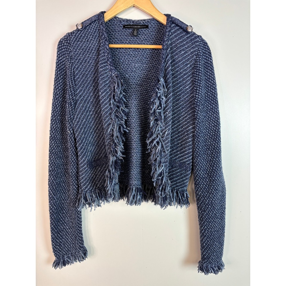 White House Black Market Cardigan Medium Blue Fringe Open Front Sweater Jacket